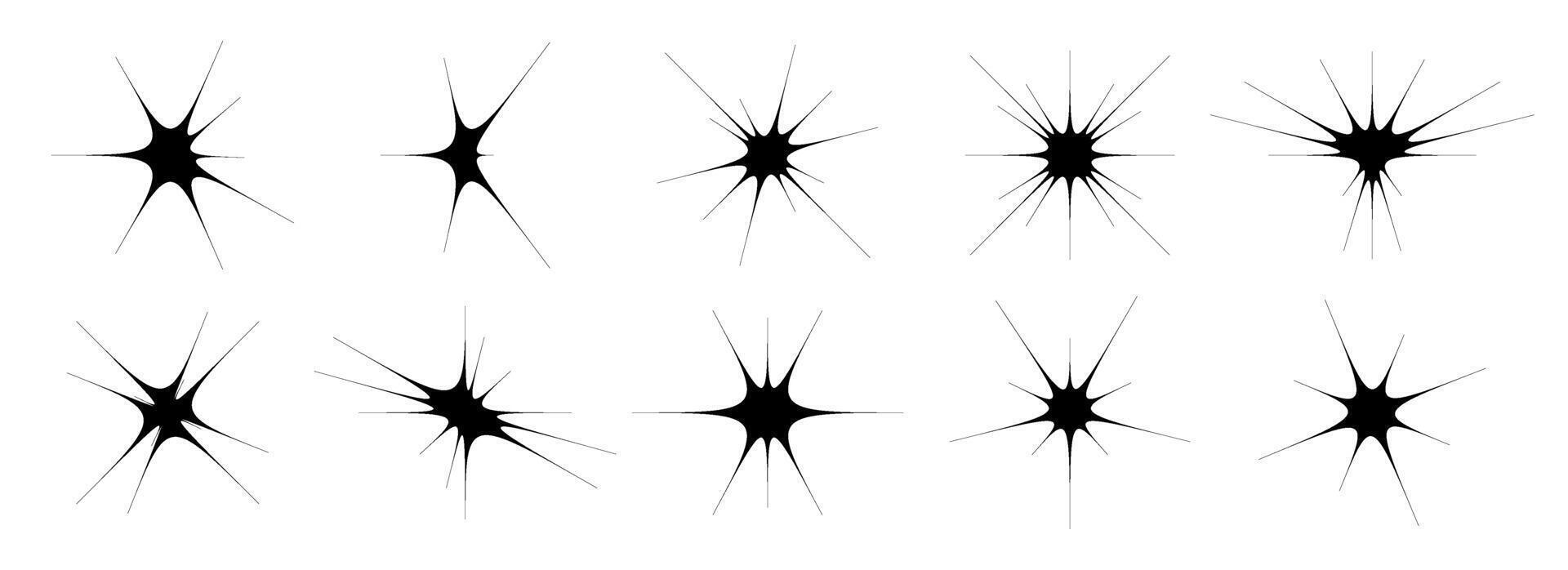 Black star and twinkle set. Retro blink collection. Abstract y2k starburst shine effect pack. Design element template for poster, banner, logo, card, icon, label, collage, sticker. vector