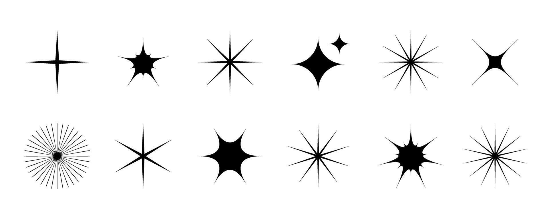 Black stars and twinkles set. Retro bling collection. Abstract simple starburst shine effect pack. Design elements for template, poster, banner, logo, card, icon, label. Illustration bundle vector