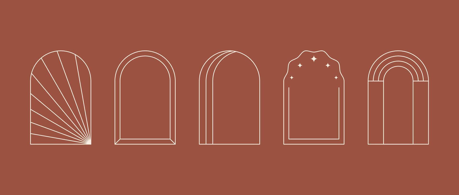 Boho style linear arc frame collection. Bohemian decorative ornamental border set for badge, logo, card, poster, banner, template. Terracotta arch design elements with stars, column, sunbeams. vector