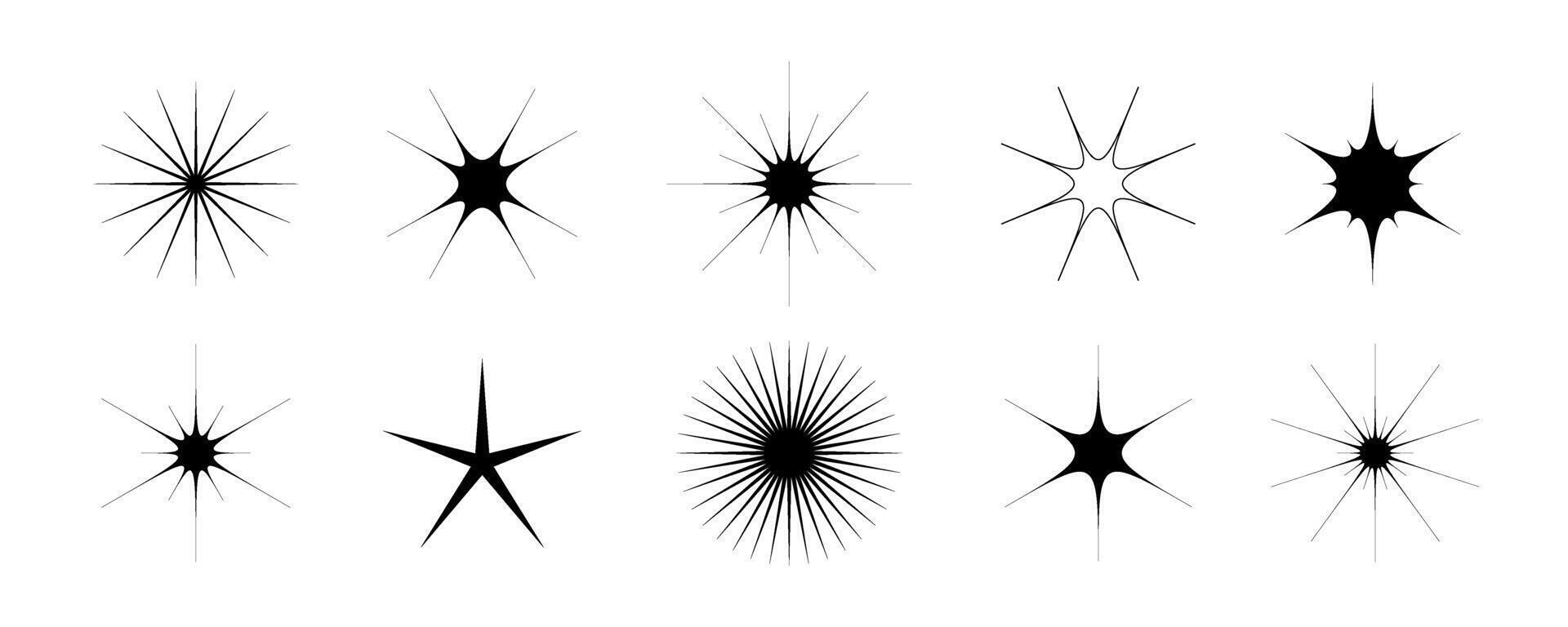 Black stars and twinkles set. Retro bling collection. Abstract simple starburst shine effect pack. Design element template for poster, banner, logo, card, icon, label, collage. vector