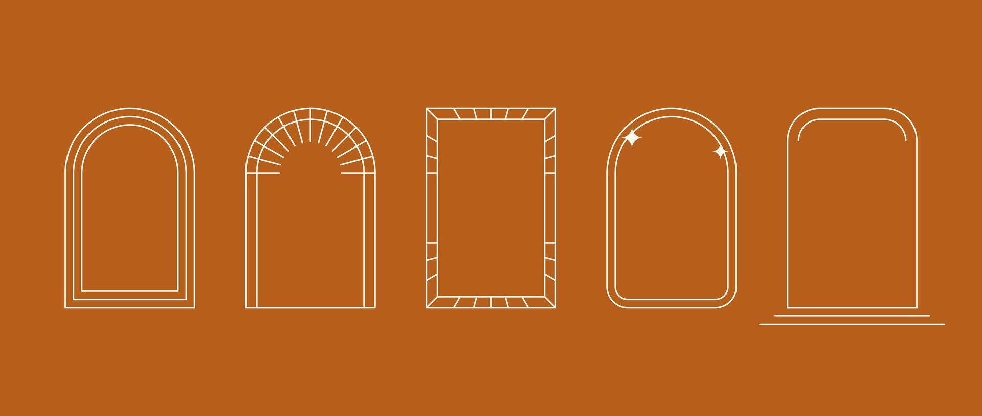 Boho style linear arch frame collection. Bohemian decorative ornamental border set for badge, logo, card, poster, banner, post. Terracotta arc elements with stars for design template. vector