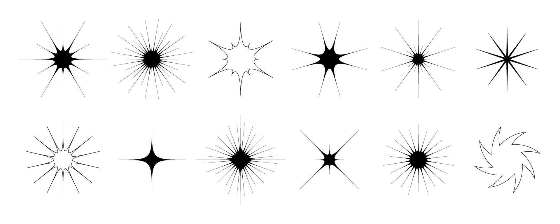 Black stars and twinkles set. Retro blink collection. Abstract simple starburst shine effect pack. Design element template for poster, banner, logo, card, icon, label, collage. vector