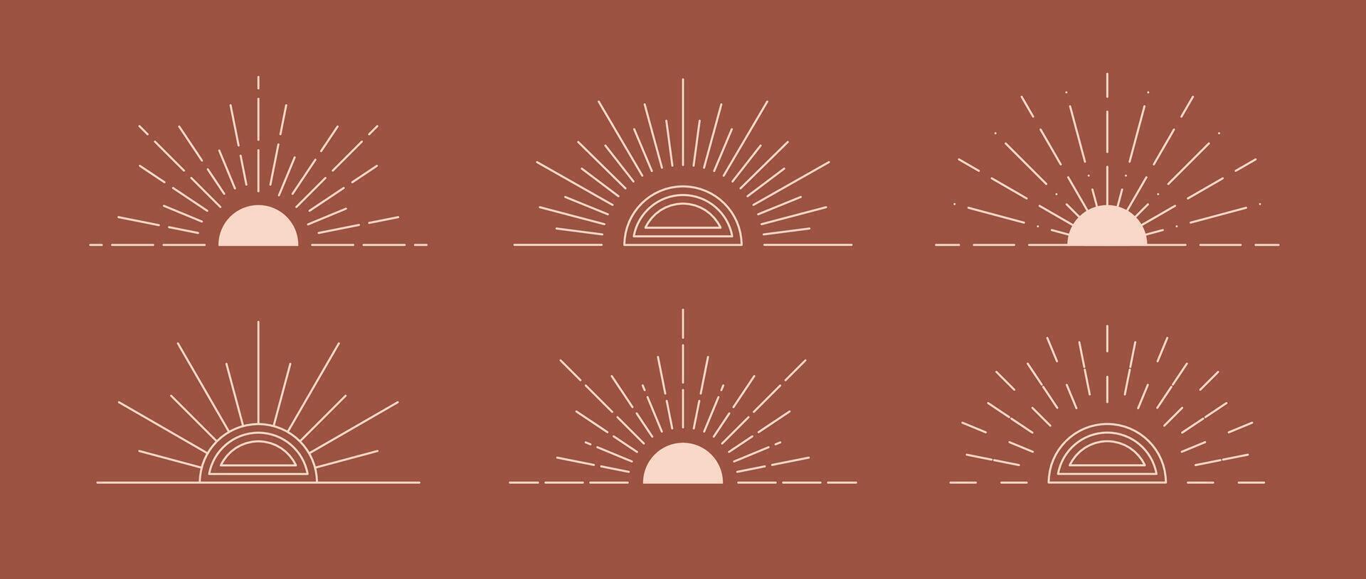 Boho style linear sunrise and sunset collection. Terracotta starbursts design elements. Bohemian decorative ornamental shapes set for badge, icon, card, poster, banner, emblem, label. vector