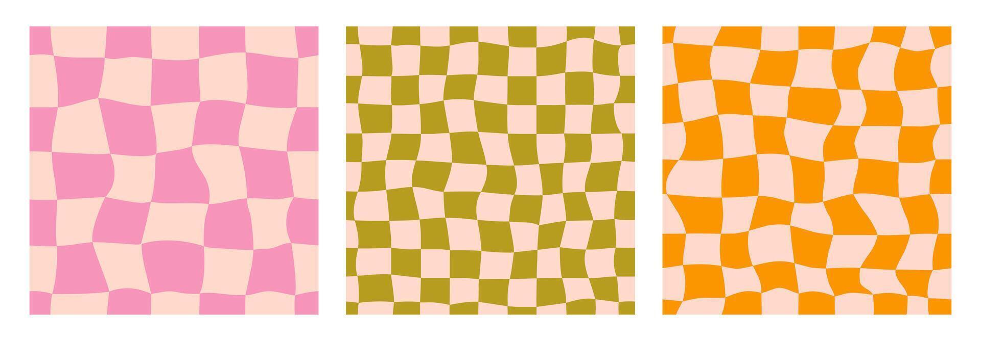 Groovy seamless checkerboard background set. Repeating retro wavy checkered pattern collection. Vintage psychedelic distorted gingham wallpapers. Twisted cage backdrop in 60s, 70s style. vector