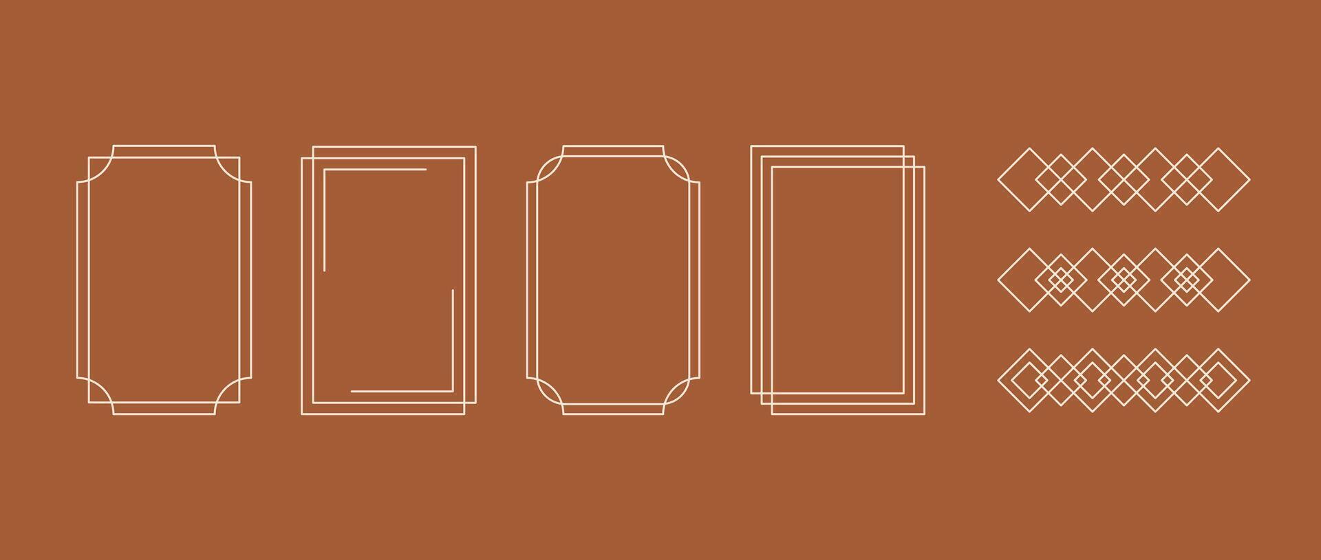 Boho style linear frame collection. Bohemian decorative geometric border and element set for badge, logo, card, poster, banner, post, design template. Terracotta patterns pack. vector
