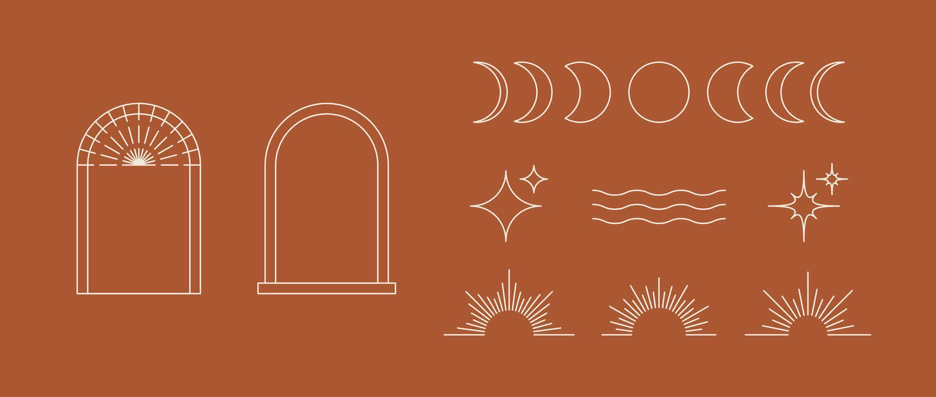 Boho style linear element collection. Bohemian decorative ornamental shape set for badge, logo, card, poster, banner, template. Terracotta design objects with stars, sunburst, arcs, waves. vector