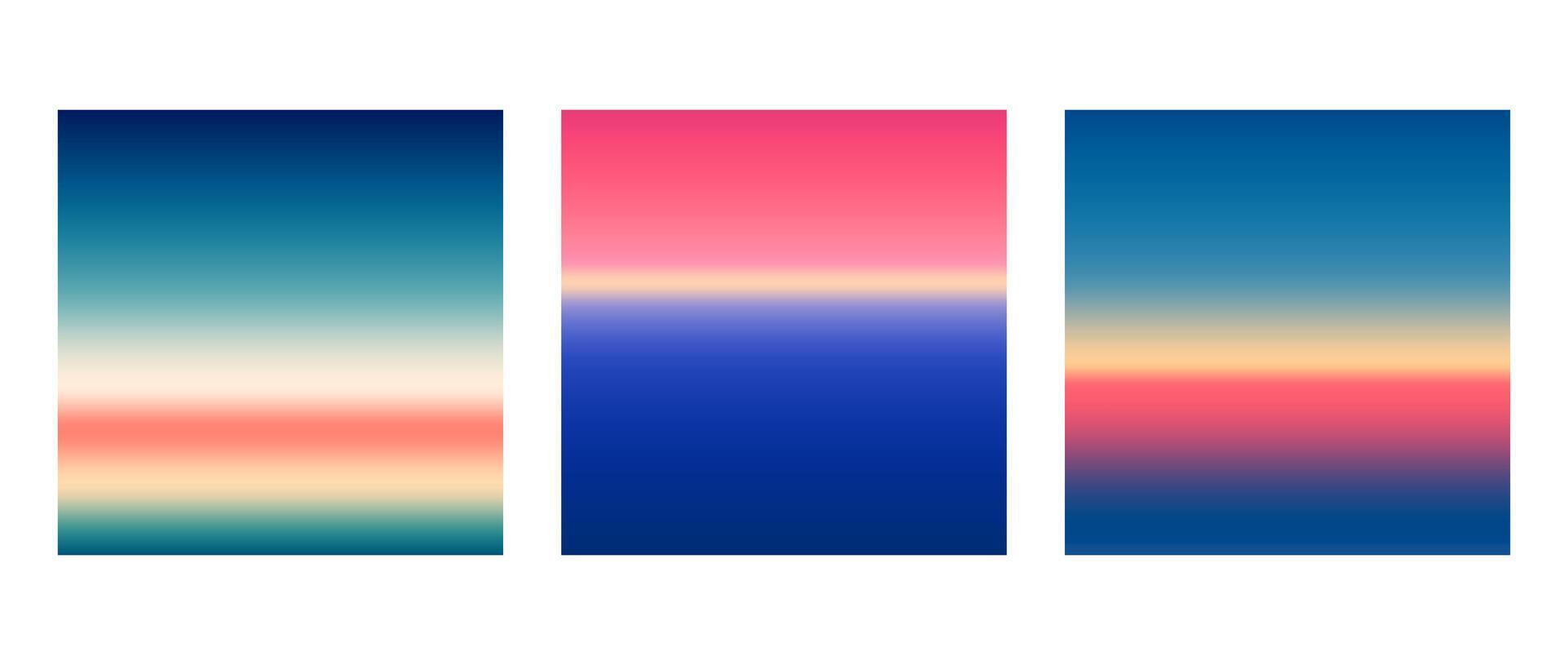 Early sunrise or late sunset colorful gradients background set. Smooth blurred wallpaper set in pink, blue, green, orange colors. Abstract night or evening sky horizon backdrop. vector