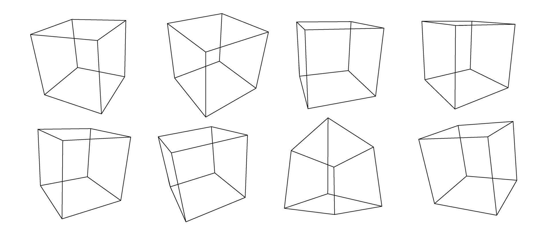 Black wireframe cube collection. Outline cubic shapes in different angles, perspective and positions. Geometric square elements for design template, icon, logo. Abstract boxes illustration vector