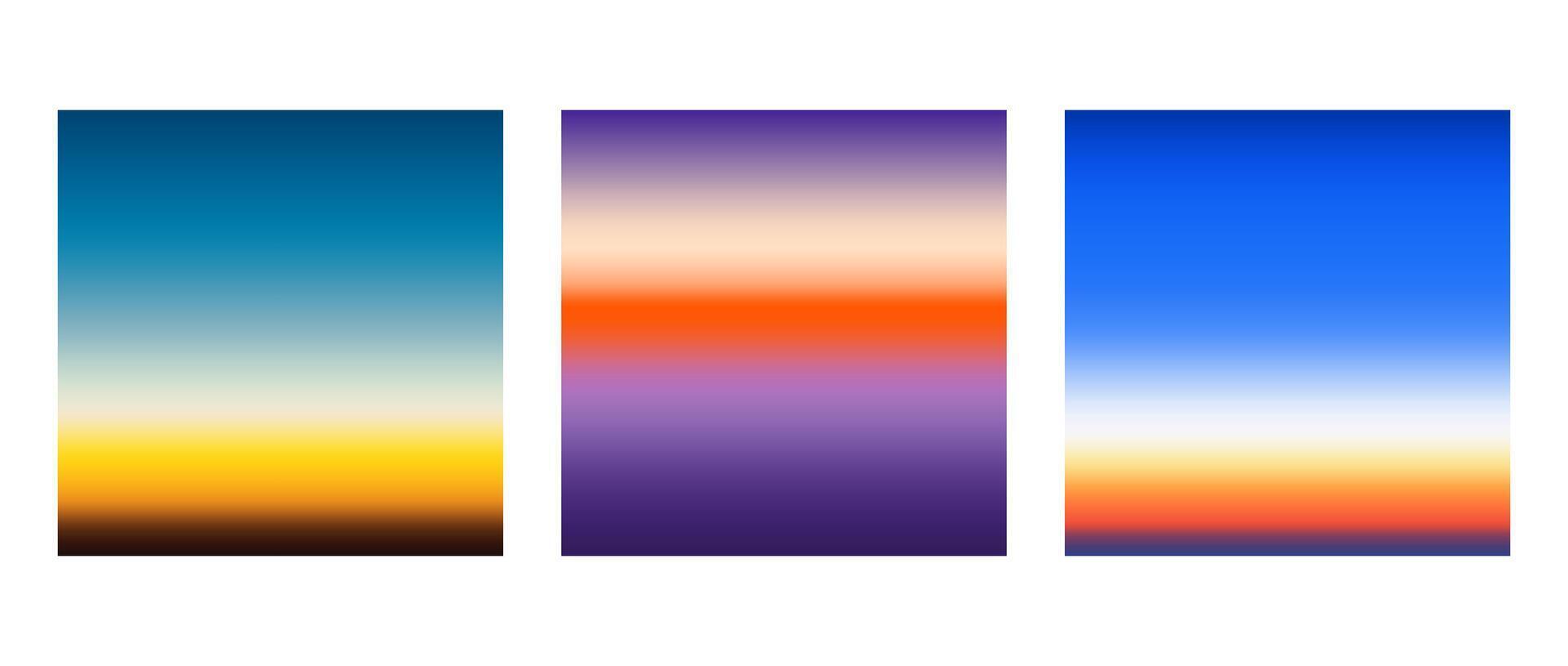 Early sunrise or late sunset colorful gradients background set. Smooth blurred wallpaper set in yellow, blue, orange, purple colors. Abstract night or evening sky horizon backdrop. vector