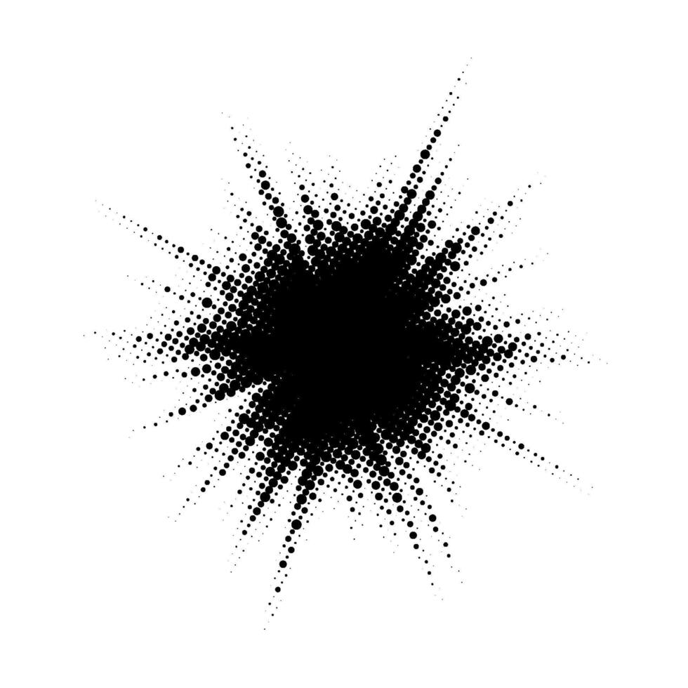 Halftone burst element. Pop art style dotted explosion. Black light starburst with grunge textured effect Abstract retro noise grain shine star flare. Pixelated splash illustration vector