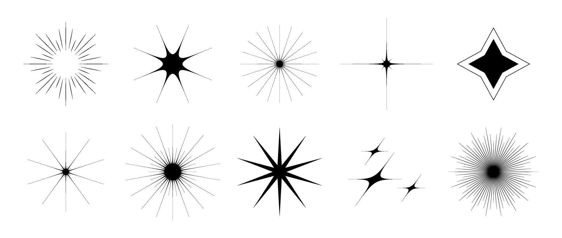 Various blinks and twinkles set. Retro bling stars collection. Abstract black starburst shine effect pack. Design element template for poster, banner, logo, card, icon, label, collage. vector
