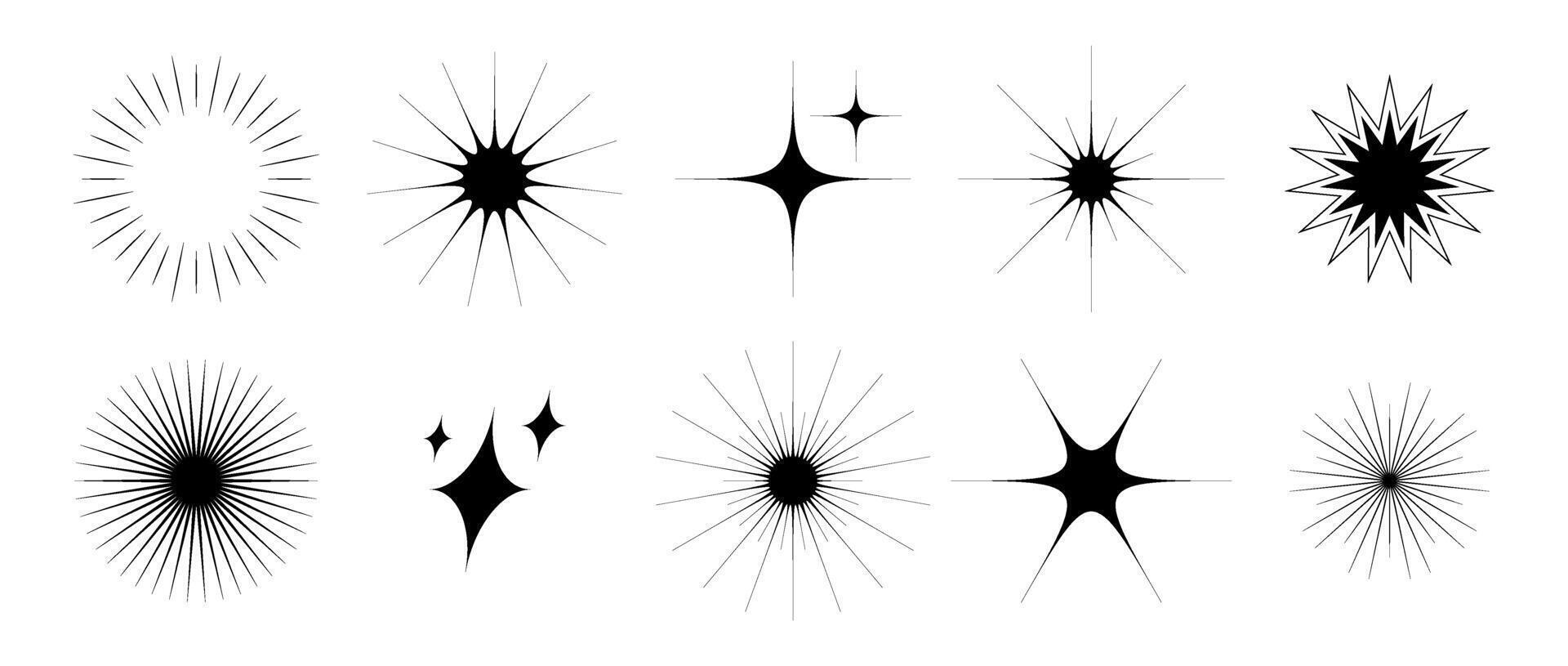 Various blinks and twinkles set. Retro stars collection. Abstract black starburst shine effect pack. Design bling element template for poster, banner, logo, card, icon, label, collage. vector