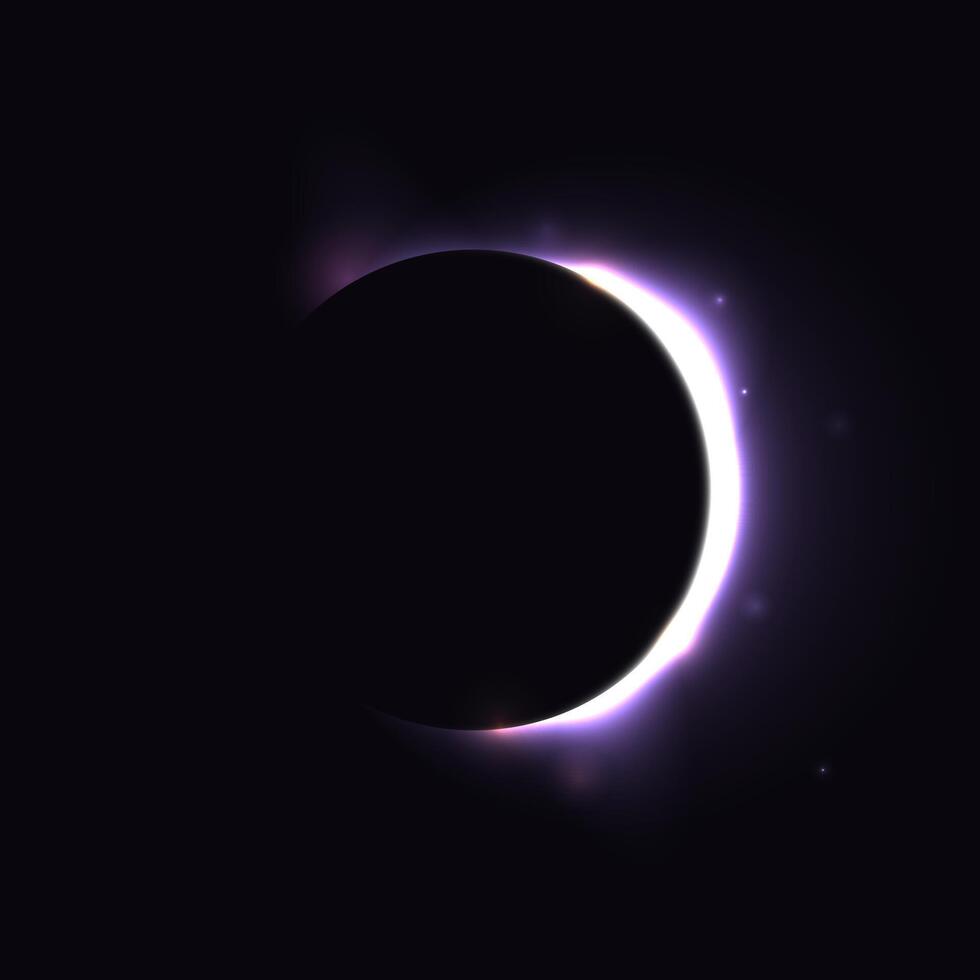 Sun eclipse concept. Light purple moon glow background. Solar or planet eclipse in dark space. Hot star surface flare with rays and beams effects. Crescent illustration vector