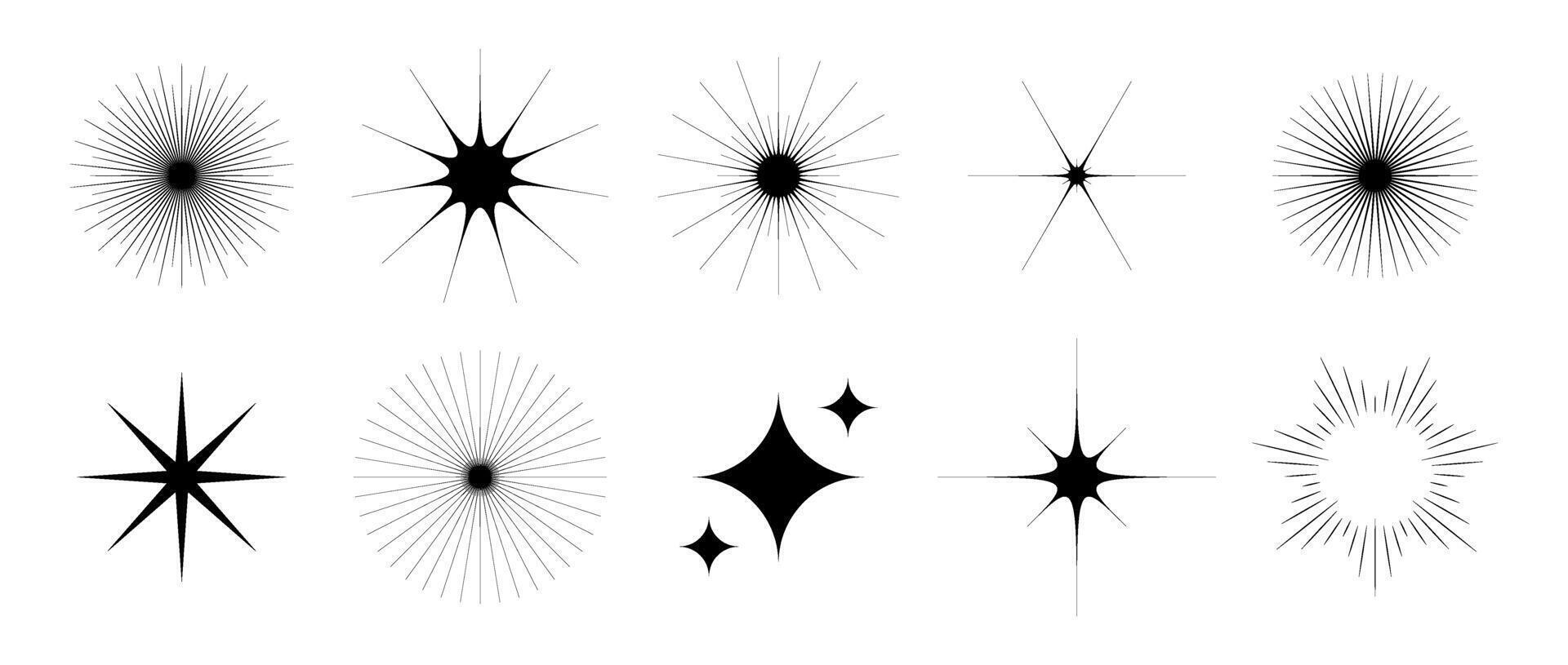 Various stars and twinkles set. Retro blink collection. Abstract black starburst shine effect pack. Design element template for poster, banner, logo, card, icon, label, collage, tag. vector