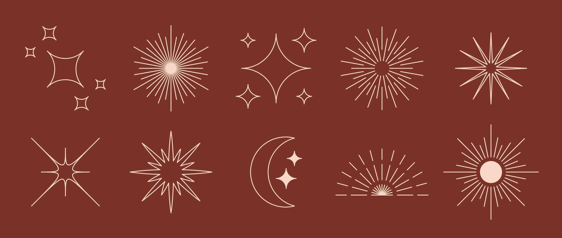 Boho style linear stars and starbursts collection. Terracotta twinkles design elements. Bohemian decorative ornamental shapes set for badge, icon, card, poster, banner, emblem, label. vector
