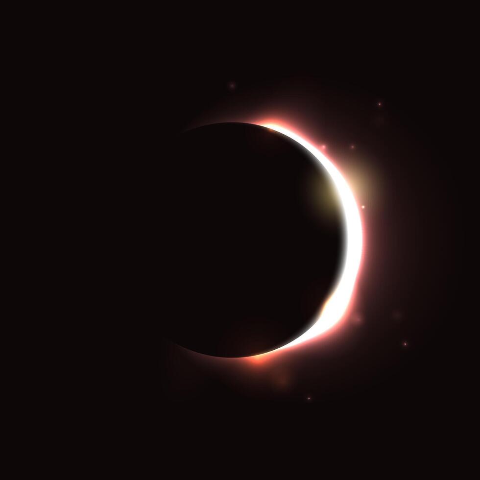 Sun eclipse concept. Light golden moon glow background. Solar or planet eclipse in dark space. Hot yellow orange star surface flare with rays and beams effects. Crescent illustration vector