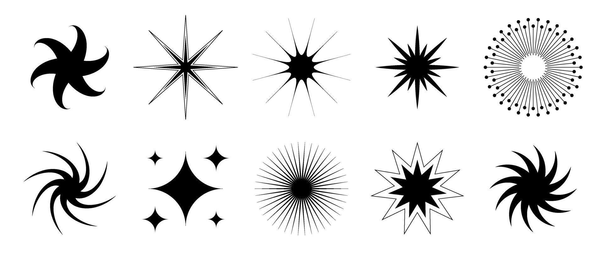 Black blinks and twinkles collection. Different retro bling stars set. Abstract starburst shine effect pack. Design elements for poster, banner, tag, card, icon, label, collage, sticker. vector