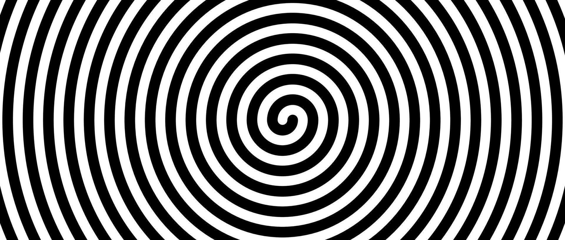 Hypnotic spirals background. Radial optical illusion. Black and white swirl tunnel wallpaper. Spinning concentric circles. Vortex design for poster, banner, flyer. Horizontal illustration vector