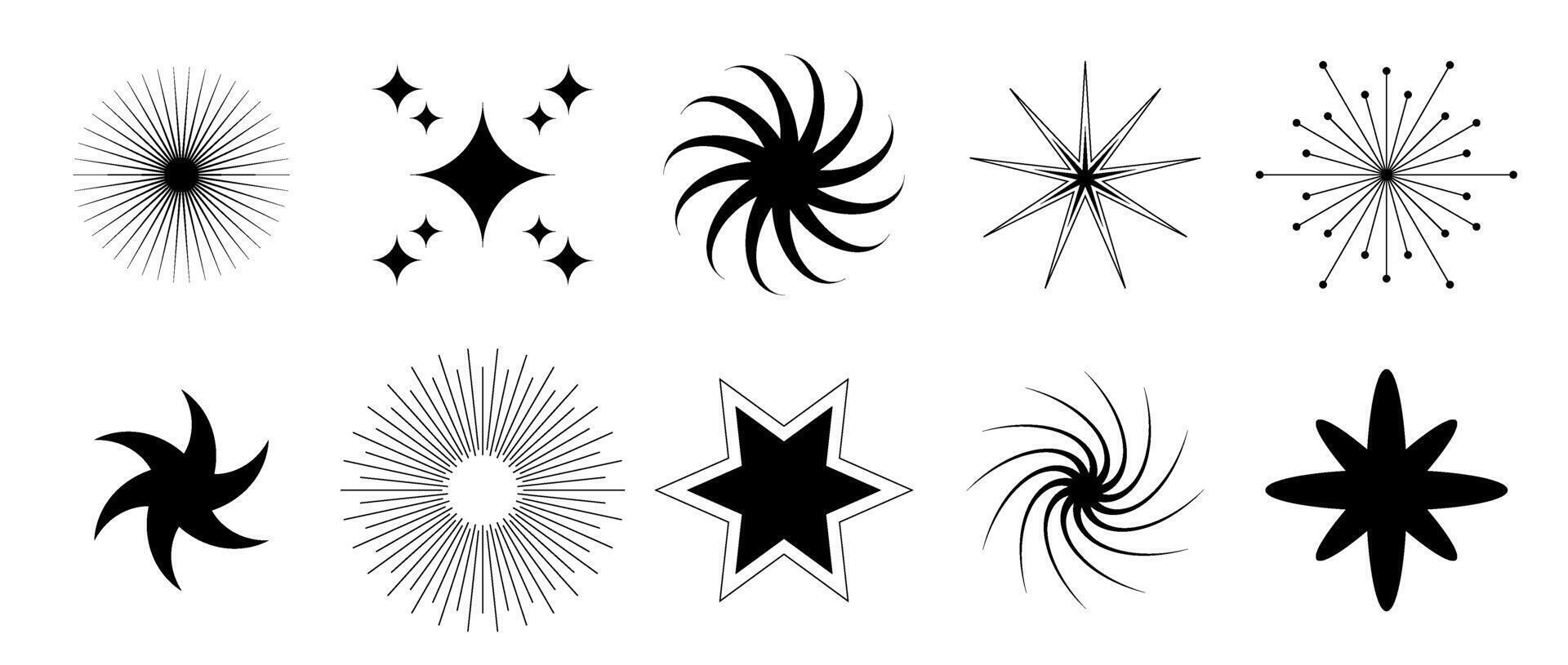 Black blinks and twinkles collection. Different retro bling stars set. Abstract starburst shine shape pack. Design elements for poster, banner, tag, card, icon, label, collage, sticker. vector