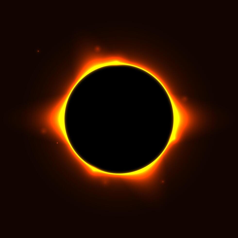 Sun full eclipse concept. Red yellow solar glow background. Moon or planet total eclipse in dark space. Hot star surface flare with rays and beams effects. vector