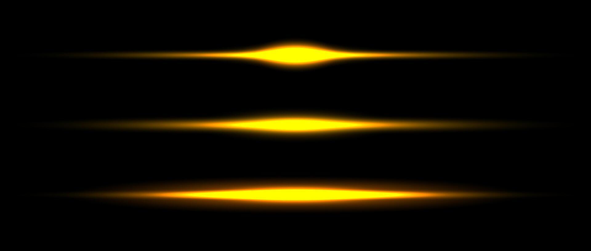 Gold neon divider lines set. Yellow glowing horizontal stripes collection. Fluorescent golden light sticks pack. Shining laser beams bundle. Elements for poster, banner, cover, separation vector