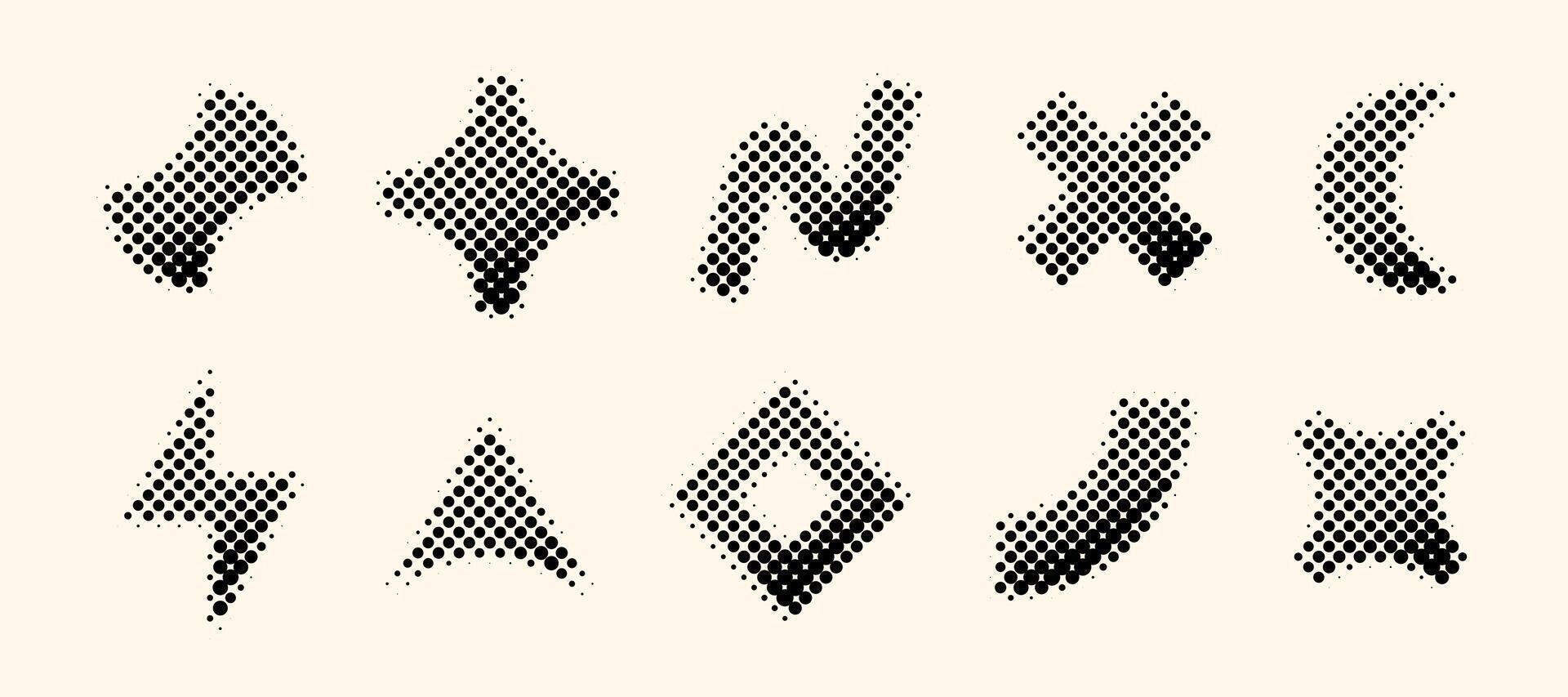 Halftone geometric shapes set. Dotted cross, wave, arc, crescent, bolt elements with gradient. Black textured objects for banner, poster, collage, flyer, booklet, brochure, cover. vector