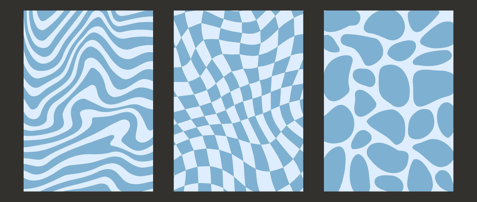 Retro distorted checkered, blob and wave background set. Blue trippy psychedelic pool wallpaper pack. Wavy groovy checkerboard water surface. Abstract twisted pattern collection. Backdrop bundle vector