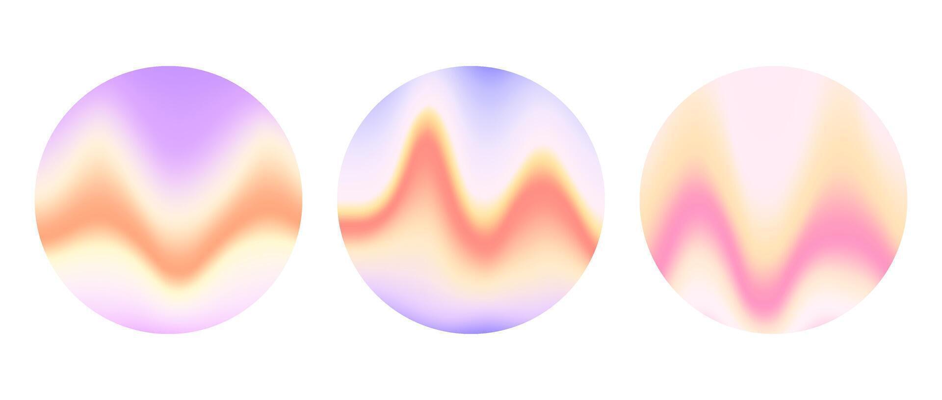 Holographic round wavy gradient background set. Blurred liquid waves wallpaper collection. Colorful iridescent abstract backdrops in circles. Template for banner, flyer, cover, poster, collage vector