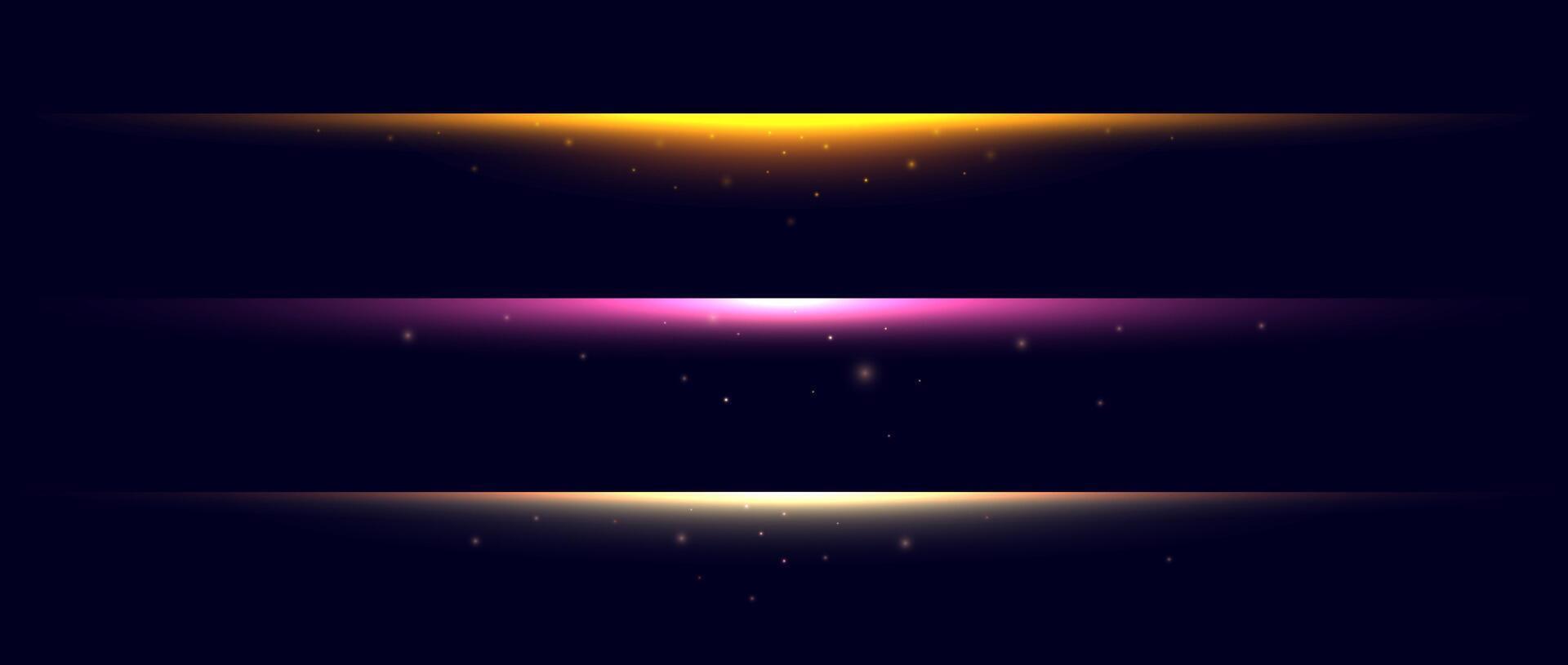 Neon divider lines set. Glowing horizontal stripes collection. Fluorescent electric light sticks pack. Shining laser beams LED effect bundle. Pink yellow orange elements for poster banner cover vector