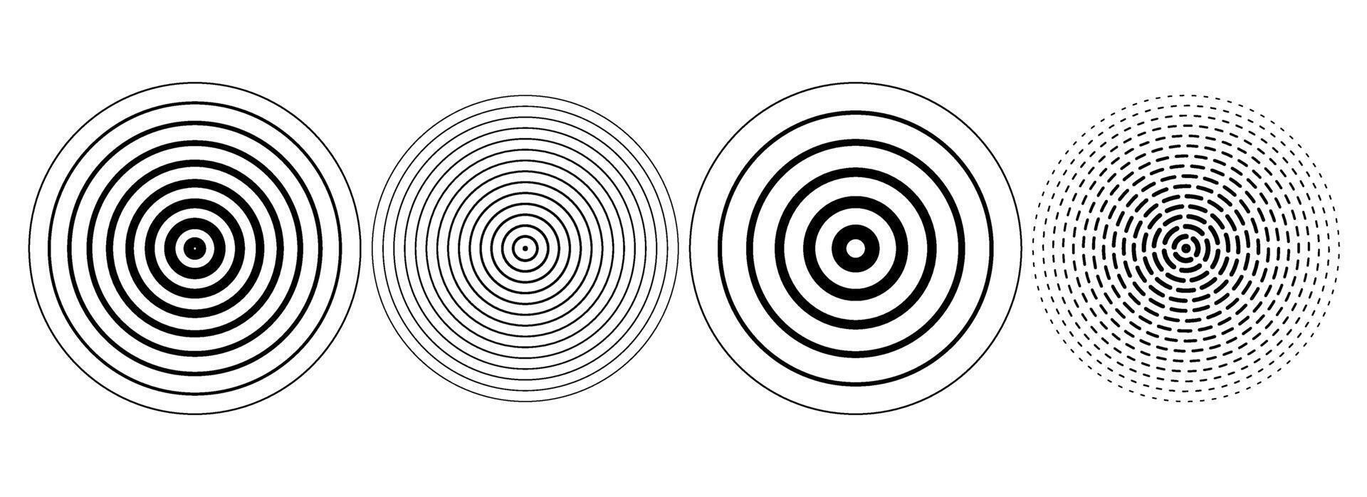 Black concentric ripple circles set. Dotted sonar or sound wave rings collection. Epicentre, target, radar icon concept. Radial signal or vibration elements. Halftone vector