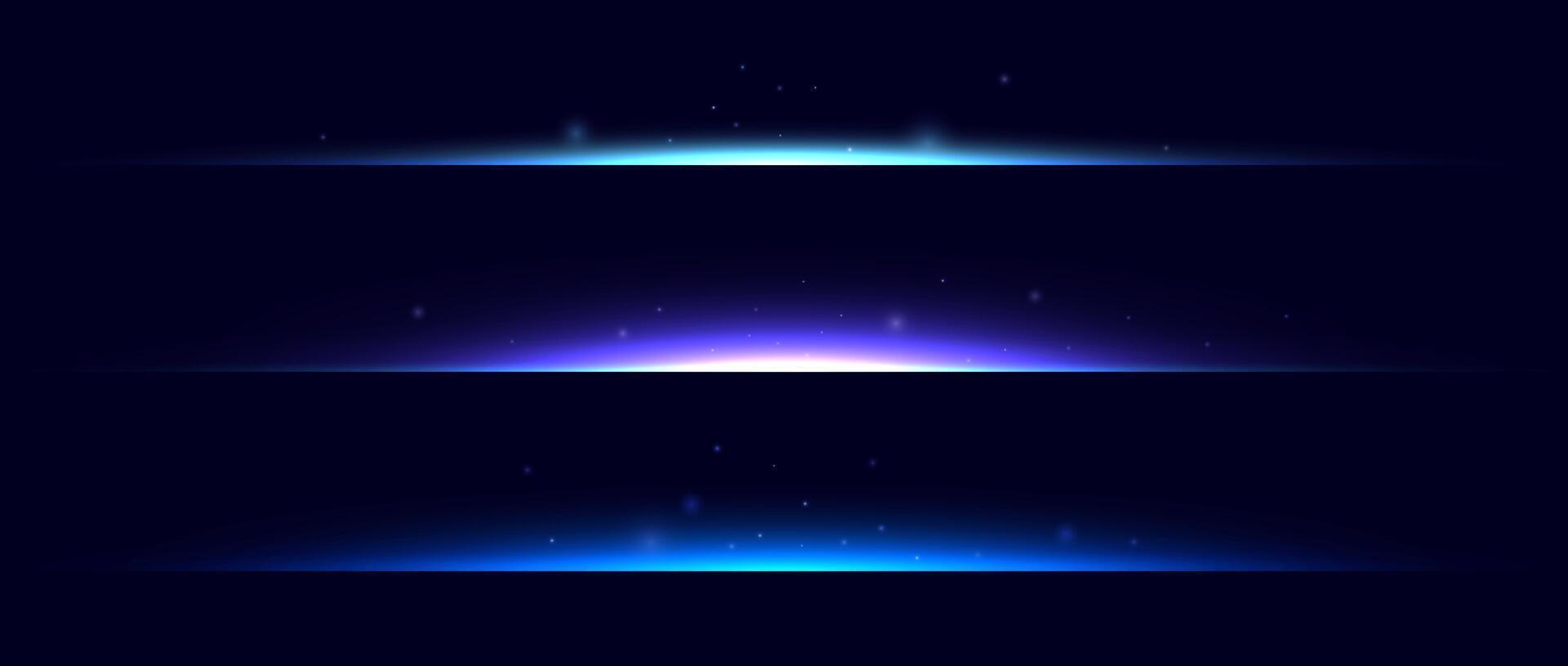 Neon divider lines set. Glowing horizontal stripes collection. Fluorescent electric light sticks pack. Shining beams LED effect bundle. Blue, purple, green elements for poster banner cover vector