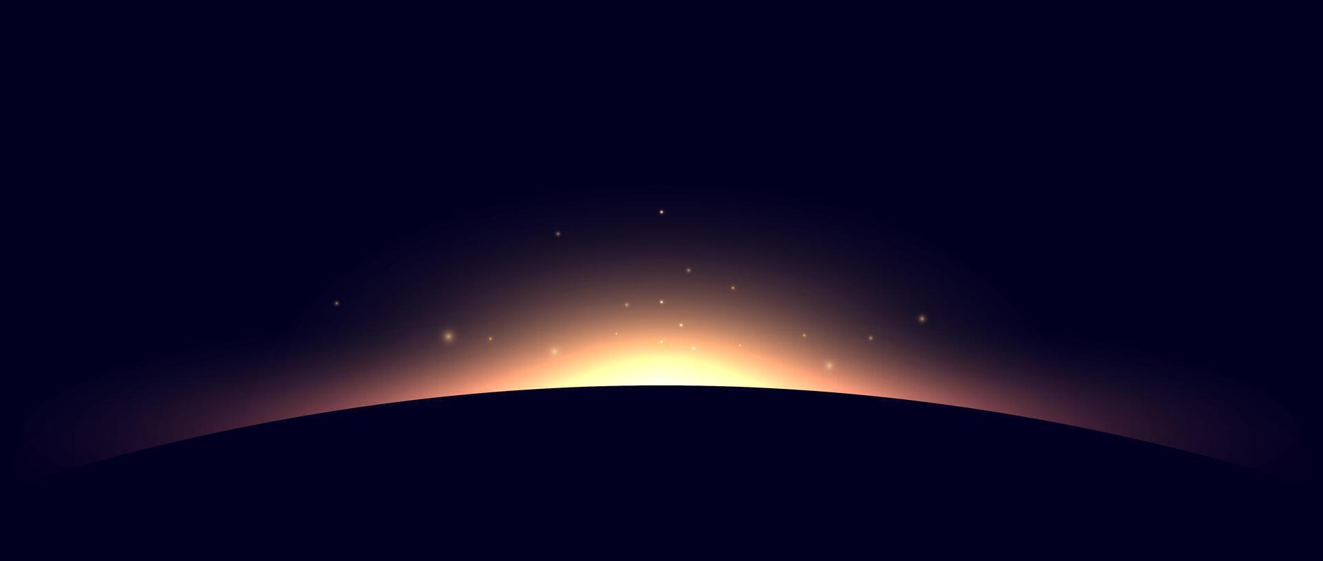 Planet eclipse concept. Bright yellow solar light glare effect. Abstract glowing sunrise on dark background. Earth horizon halo illustration. Design for poster, banner, cover, brochure, booklet vector