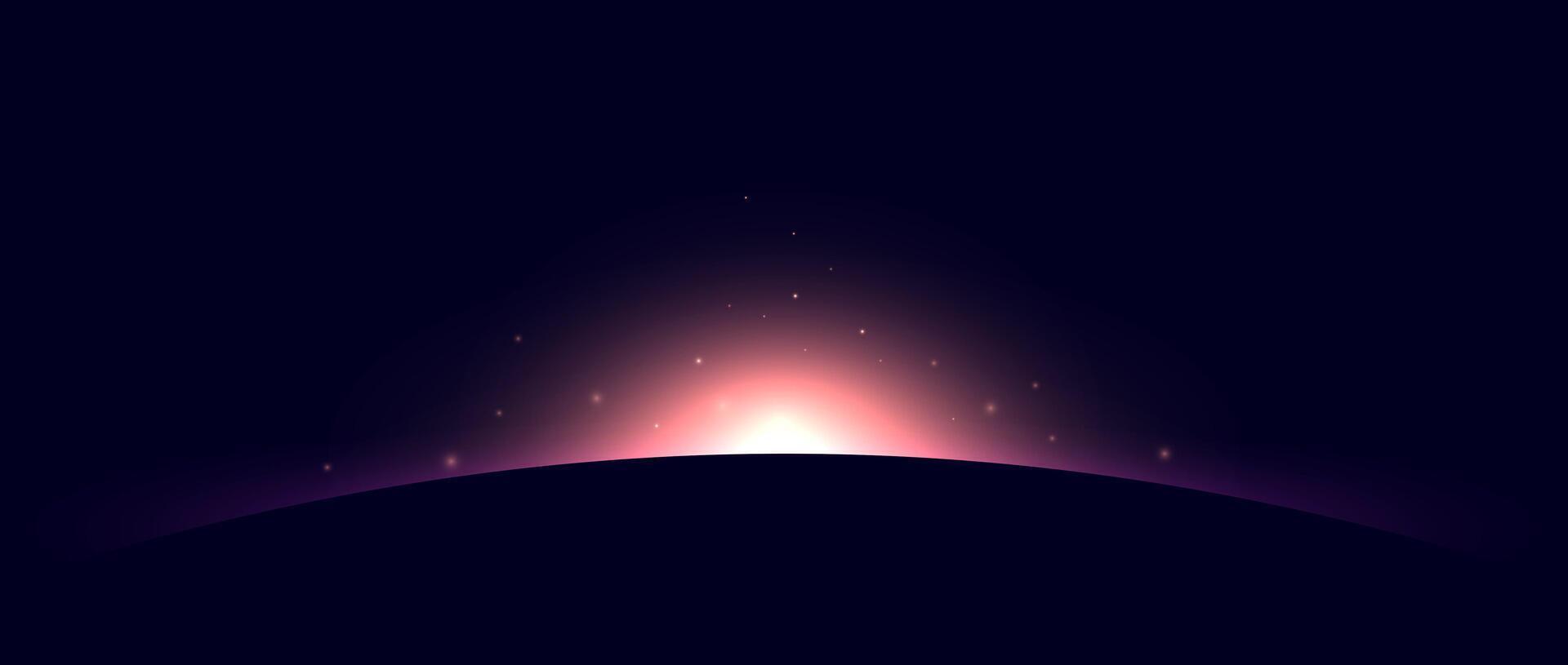 Planet eclipse concept. Red purple solar light glare effect. Abstract glowing sunrise in dark space. Earth horizon halo illustration. Design for poster, banner, cover, brochure, booklet. vector