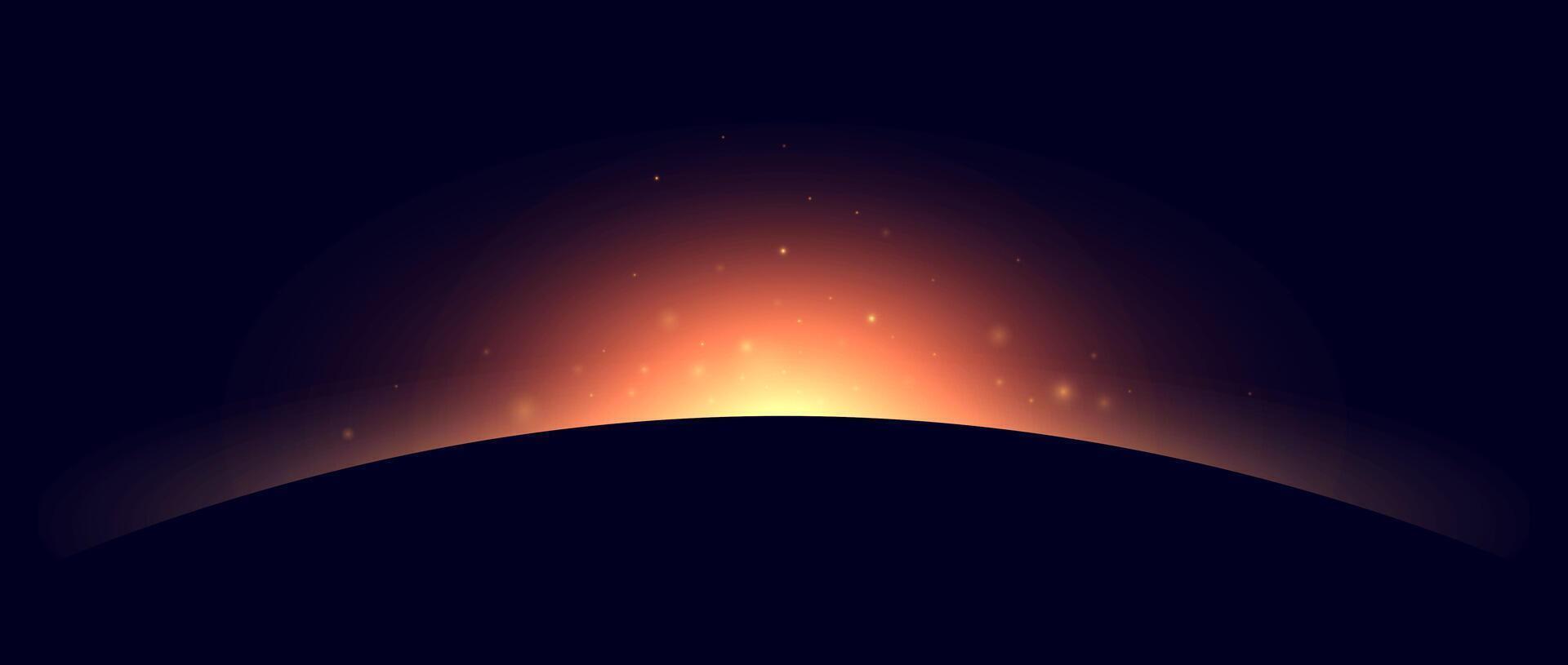 Planet eclipse concept. Red yellow solar light glare effect. Abstract glowing sunrise in dark space. Earth horizon halo illustration. Design for poster, banner, cover, brochure, booklet. vector
