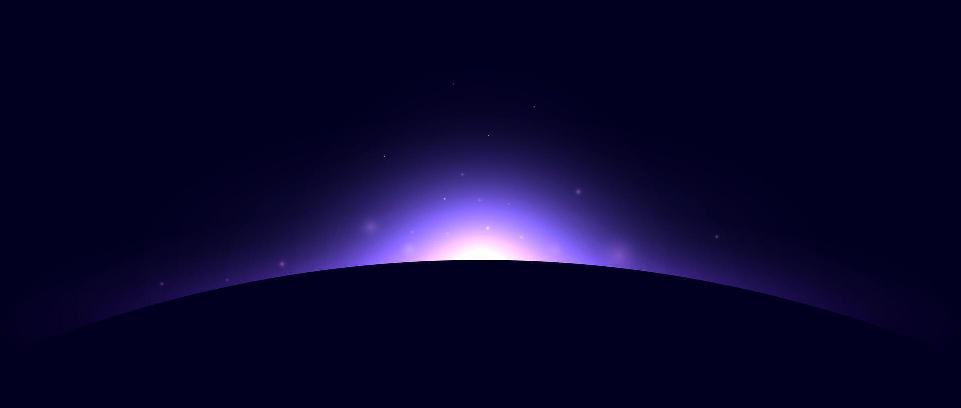 Planet eclipse concept. Purple solar light glare effect. Abstract glowing sunrise in dark space. Earth horizon halo illustration. Design for poster, banner, cover, brochure, booklet. vector