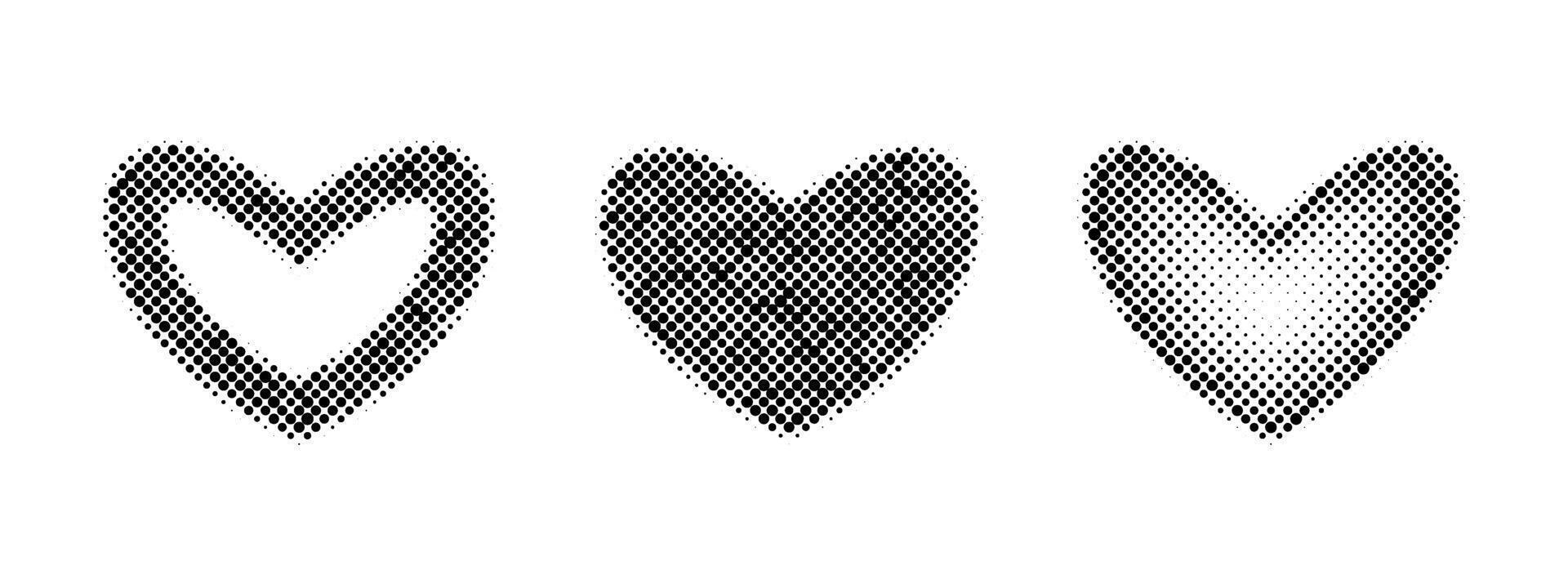 Halftone hearts set. Dotted grunge heart shapes collection for template, icon, banner, poster, collage. Black love signs and frames with gradient and grain. vector