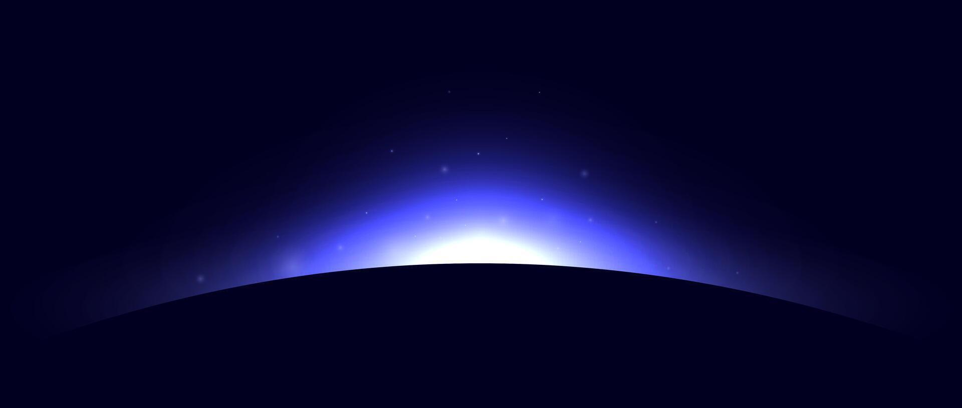 Planet eclipse concept. Purple blue solar light glare effect. Abstract glowing sunrise on dark background. Earth horizon halo illustration. Design for poster, banner, cover, brochure, booklet vector