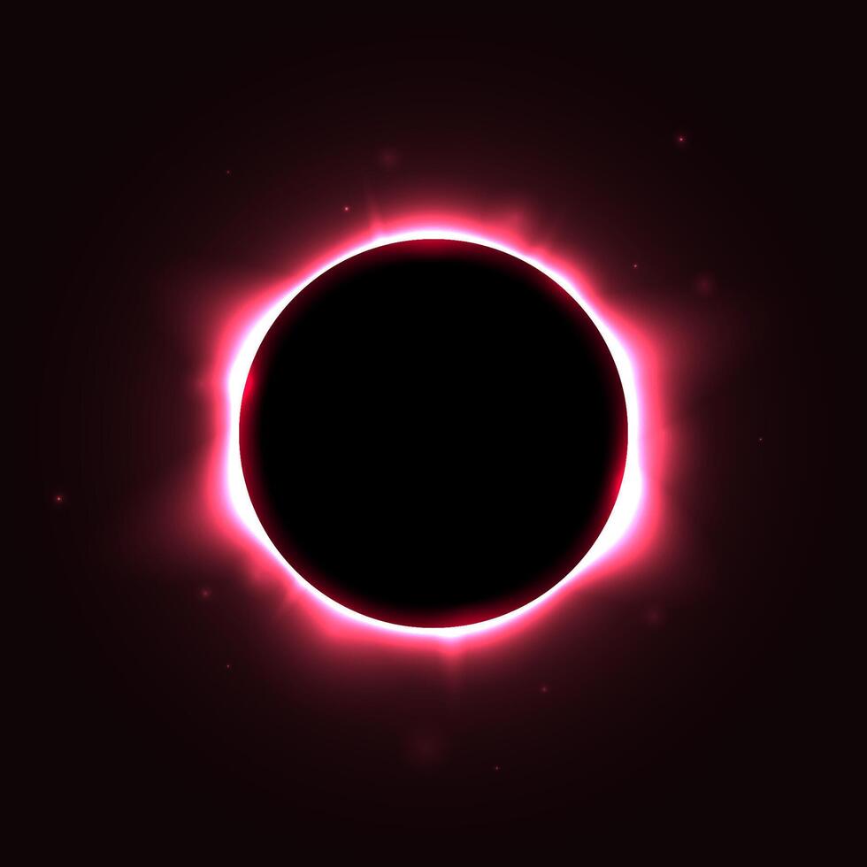 Sun full eclipse concept. Red solar glow background. Moon or planet total eclipse in dark space. Hot star surface flare with rays and beams effects. vector