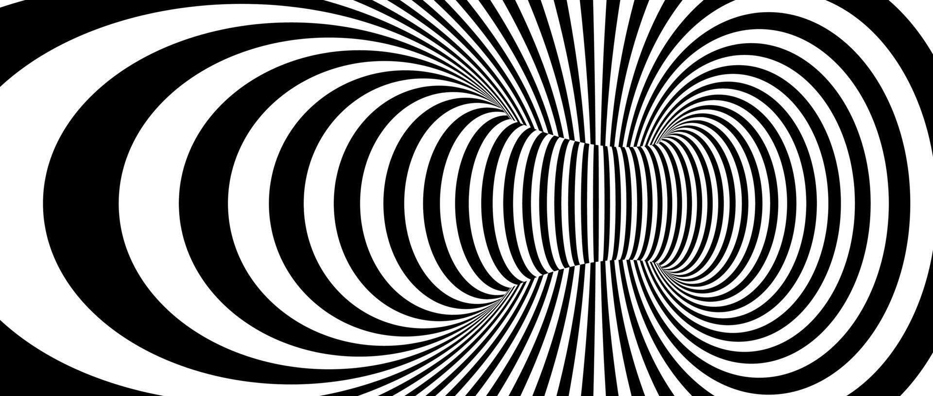 Optical illusion background. Hypnotic spinning lines. Black and white tunnel wallpaper. Psychedelic twisted stripes pattern. Rotating spiral knot template for poster, banner, cover. vector