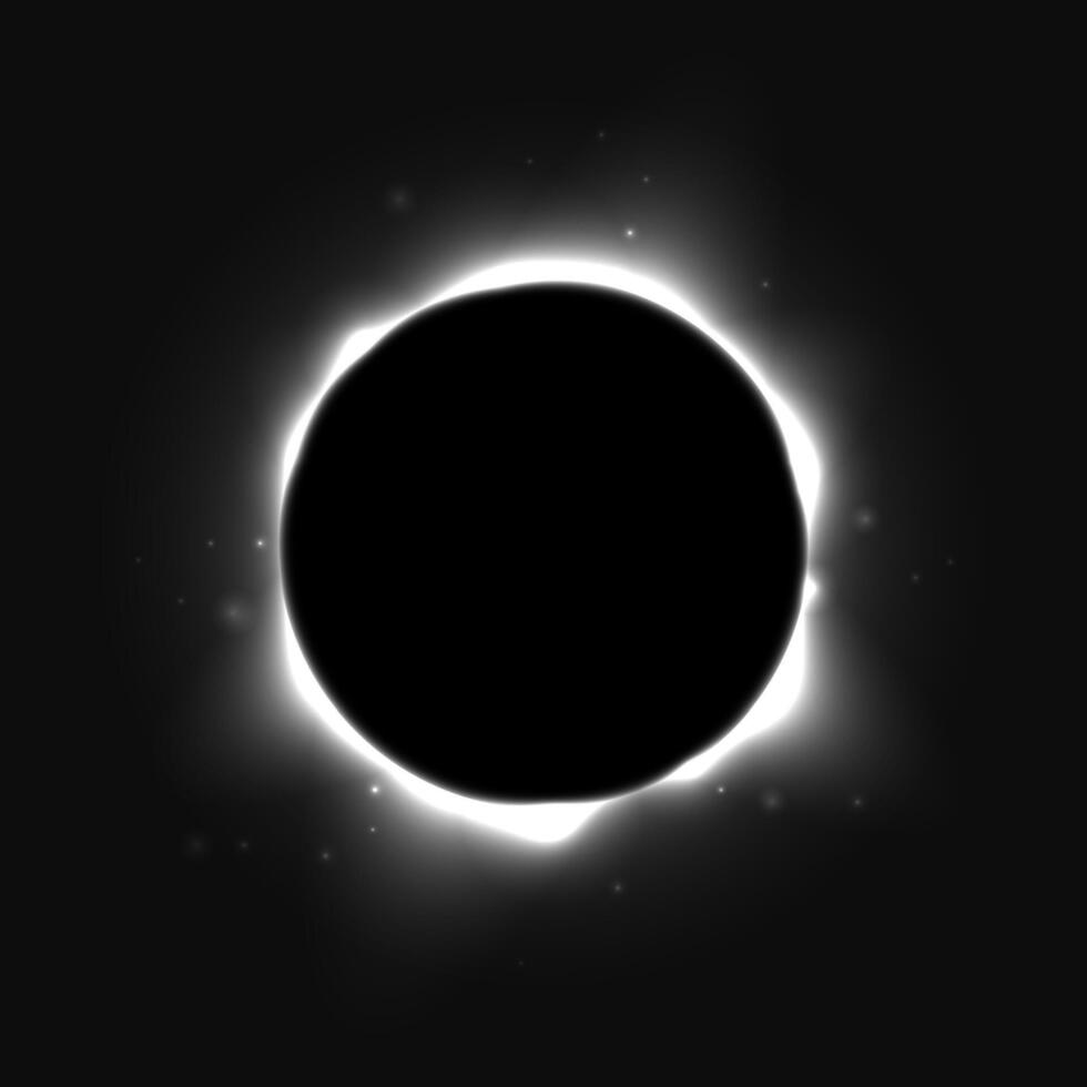 Sun full eclipse concept. Light grey moon glow background. Solar or planet total eclipse in dark space. Hot star surface flare with rays and beams effects. Supernova corona illustration vector