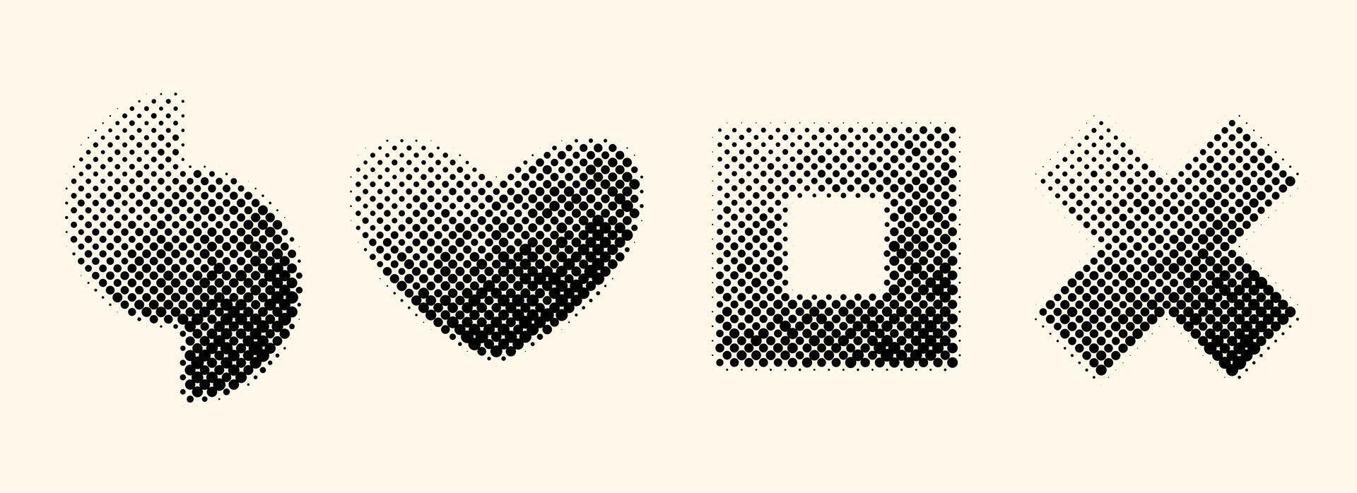 Halftone geometric shapes set. Dotted cross, heart, semicircles, square elements with gradient. Black textured objects for banner, poster, collage, flyer, booklet, brochure, cover. vector