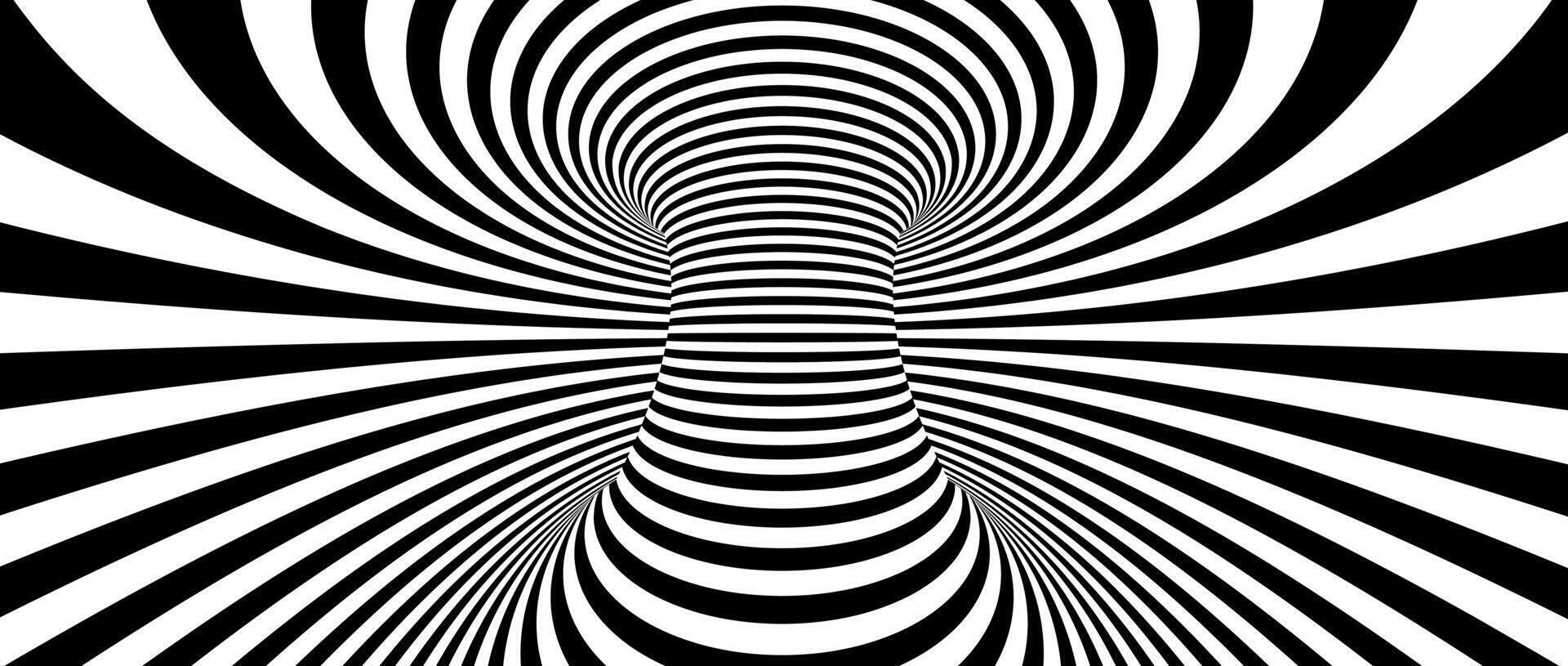 Optical illusion background. Hypnotic spinning lines. Black and white tunnel wallpaper. Psychedelic twisted stripes pattern. Rotating spiral knot template for poster, banner, cover, flyer. vector
