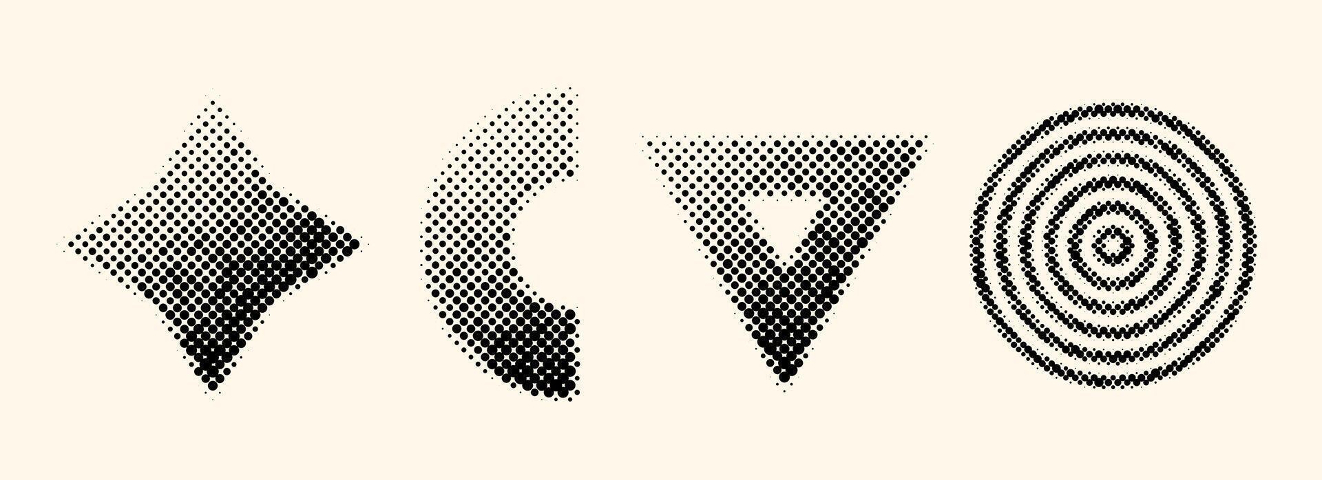 Halftone geometric shapes set. Dotted pixelated diamond, arch, triangle and circles elements with gradient. Black textured objects for banner, poster, collage, flyer, booklet, brochure. vector