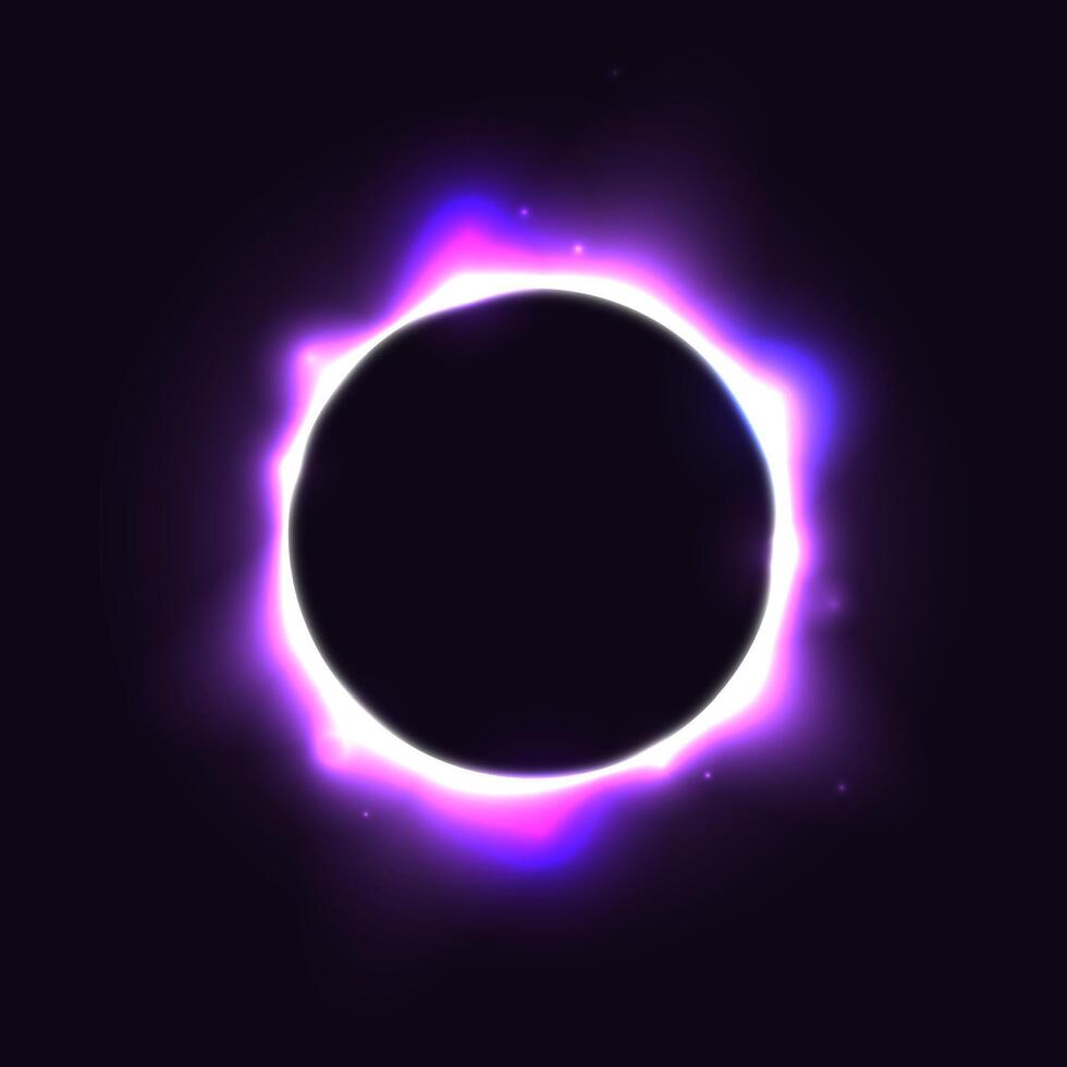 Sun full eclipse concept. Light purple moon glow background. Solar or planet total eclipse in dark space. Hot star surface flare with rays and beams effects. vector