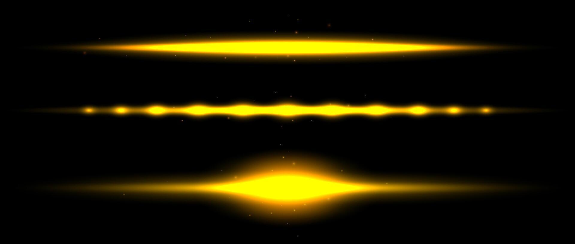 Gold neon divider lines set. Yellow glowing horizontal stripes collection. Fluorescent golden light lines pack. Shining laser beams bundle. Elements for poster, banner, cover, decoration vector