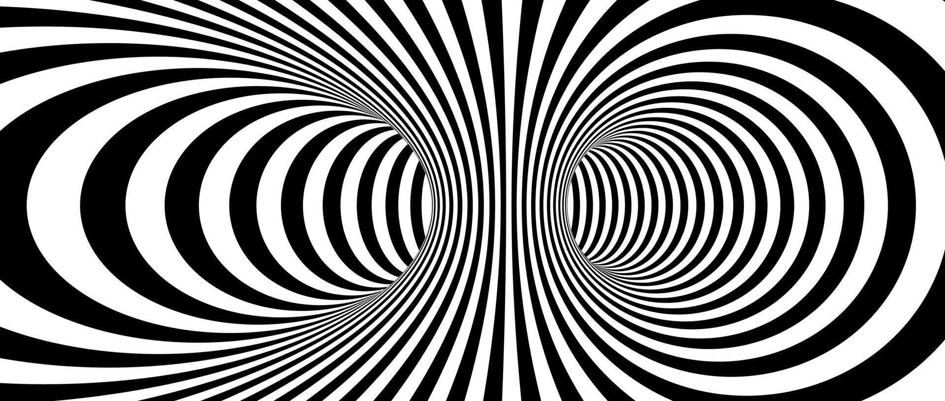 Abstract hypnotic distorted lines background. Black and white vertical tunnel wallpaper. Psychedelic twisted stripes pattern. Horizontal template for posters, banners, cover. Optical illusion vector