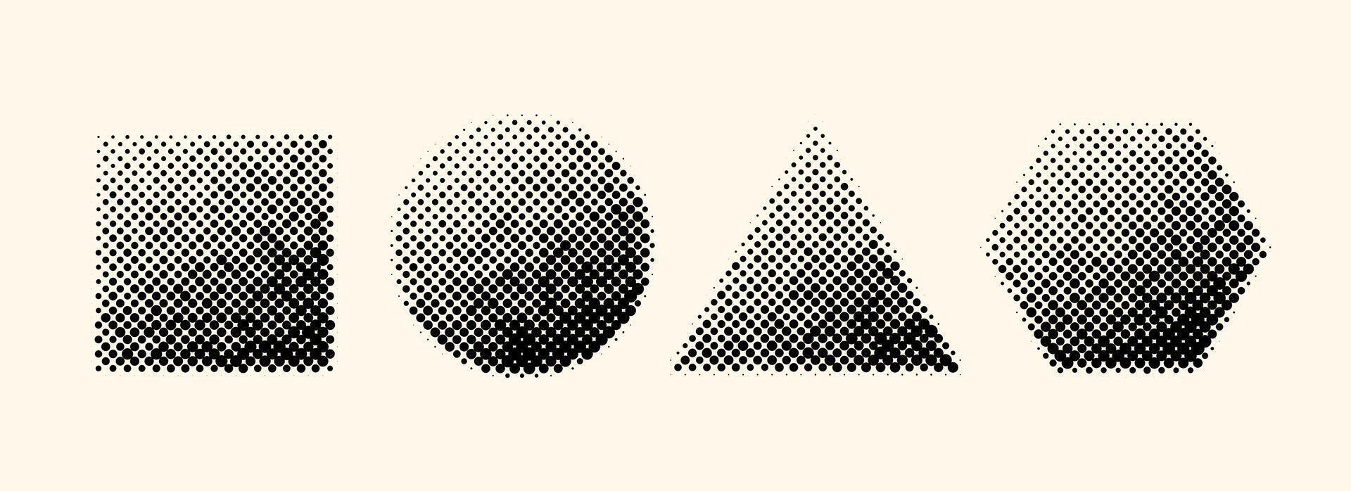 Halftone geometric shapes set. Dotted square, circle, triangle and hexagon elements with gradient. Black textured objects for banner, poster, collage, flyer, booklet, brochure. vector