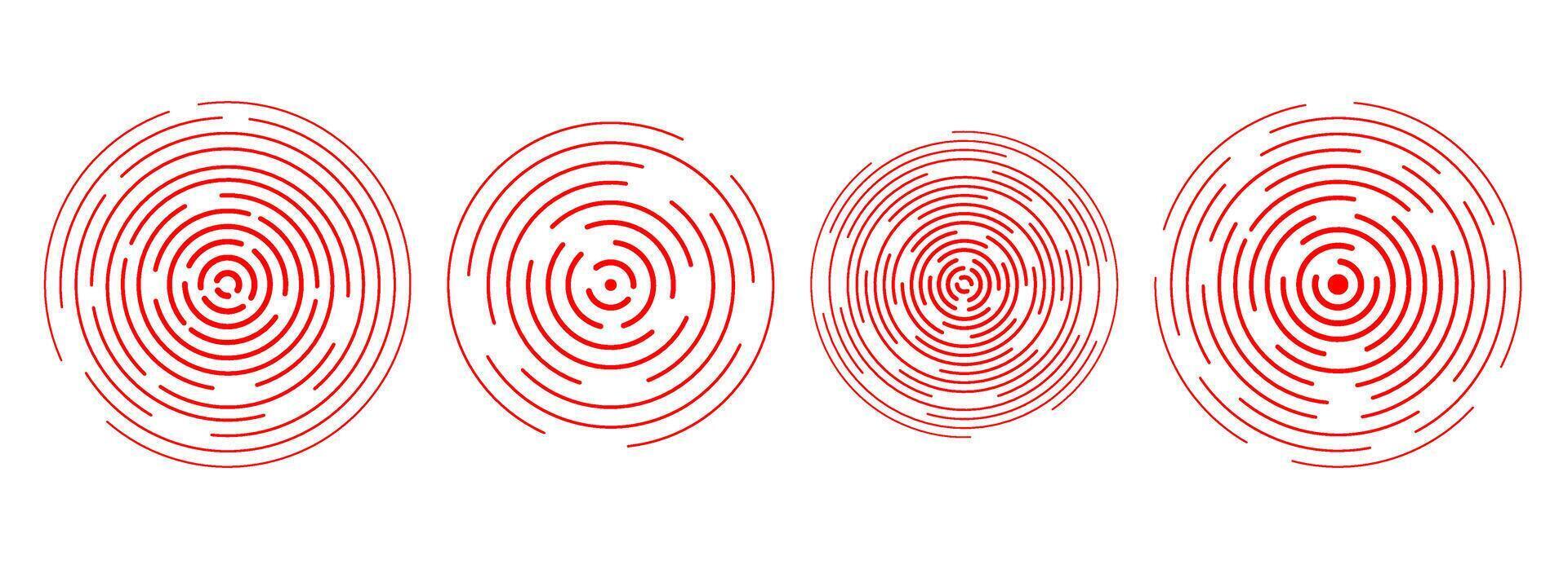 Red concentric ripple circles set. Sonar or sound linear wave rings collection. Epicenter, target, radar icon concept. Radial signal or vibration elements. Halftone line illustration pack vector