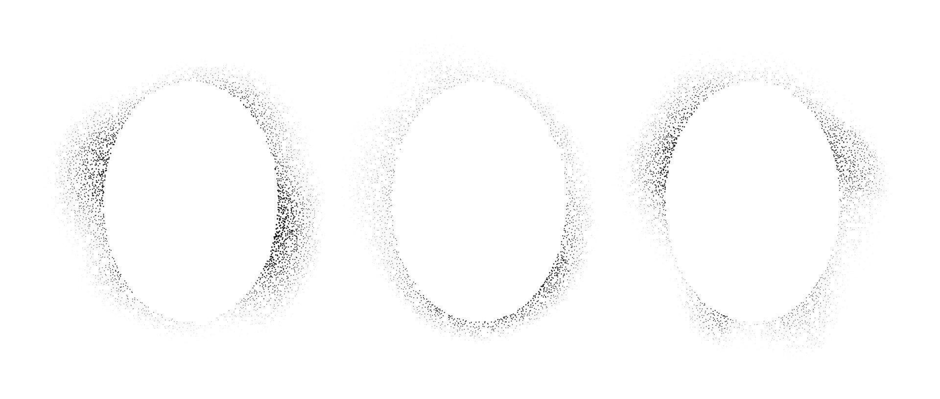 Elliptic frames collection with spray stencil effect. Grunge dotted oval border shadow set. Faded noise texture radial shape bundle. Splattered elements for text box, banner, poster, template. vector