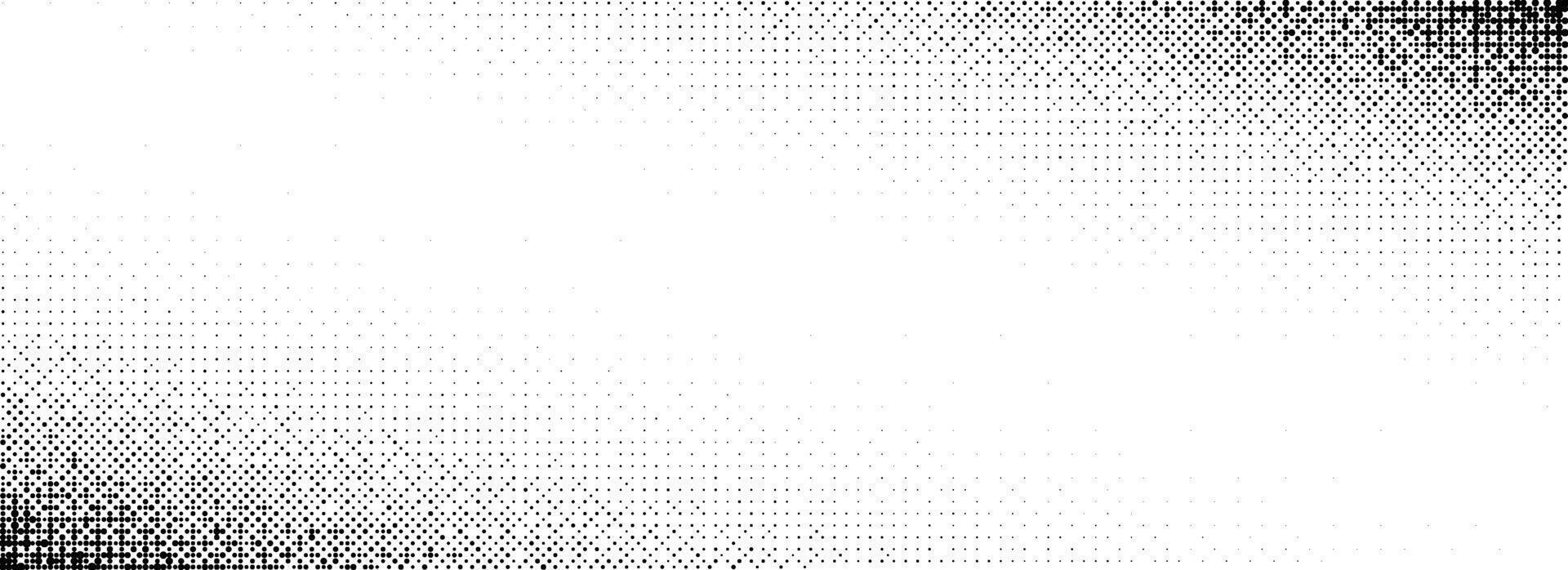 Corner halftone texture. Dotted gradient pattern background. Abstract faded pop art wallpaper. Vanishing spotted pixelated design backdrop for banner, poster, flyer, cover. Wide illustration vector